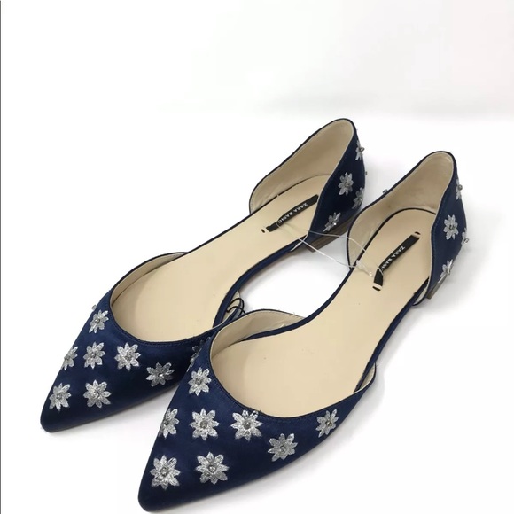 Zara Shoes - NWOT Zara Navy Blue Embroidered Floral Flats